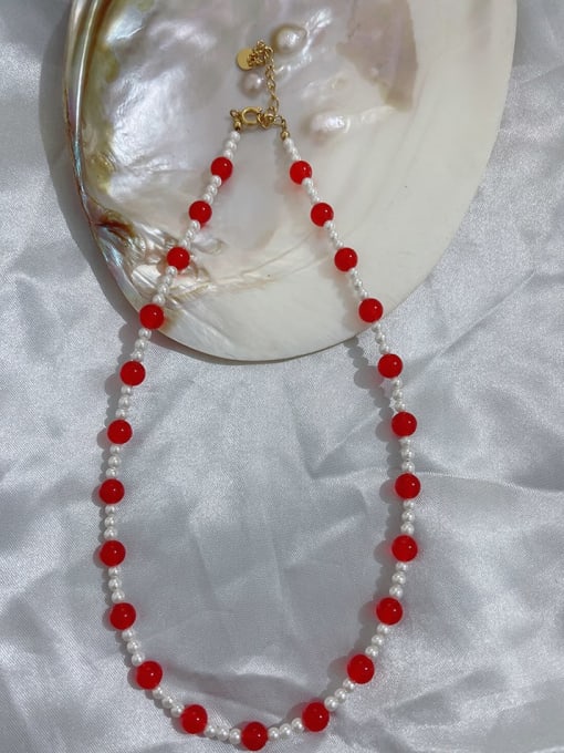 W.BEADS Titanium Steel Freshwater Pearl Natural stone Red Geometric Bohemia Beaded Necklace 2
