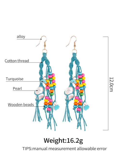 JMI Alloy Turquoise Cotton Rope  Wooden beads Tassel Artisan Hand-Woven Drop Earring 2