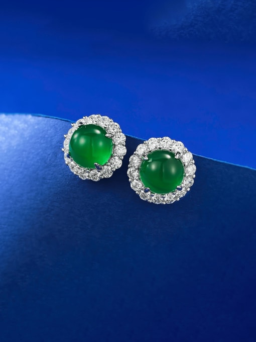 E455 Green Chalcedony 925 Sterling Silver Jade Round Vintage Stud Earring