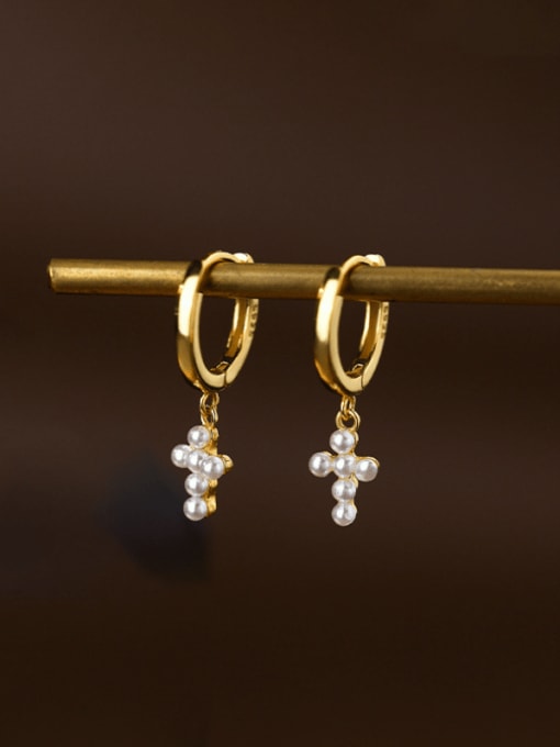 YUANFAN 925 Sterling Silver Imitation Pearl Cross Minimalist Huggie Earring