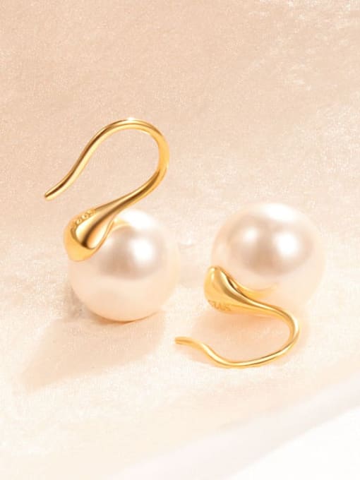 Pearl 10MM Gold 925 Sterling Silver Imitation Pearl Geometric Minimalist Hook Earring