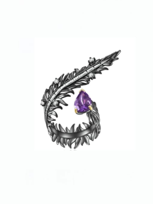 ZXI-SILVER JEWELRY 925 Sterling Silver Amethyst Leaf Hip Hop Band Ring 2