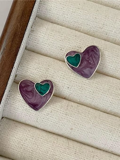 purple 925 Sterling Silver Cubic Zirconia Enamel Heart Vintage Stud Earring