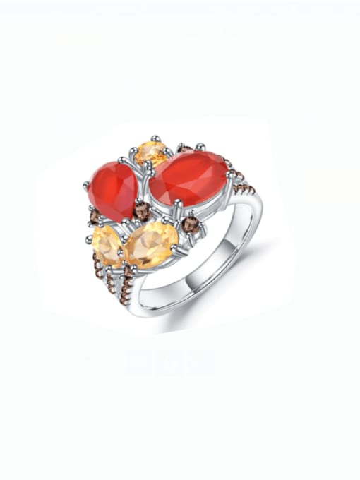 Red agate yellow crystal 925 Sterling Silver Natural Stone Irregular Luxury Band Ring