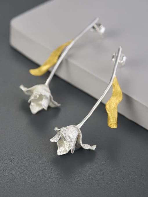 Silver color separation 925 Sterling Silver long-leaf tulip literary and fresh Artisan Drop Earring