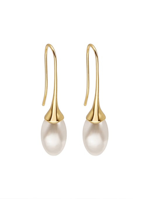 golden 925 Sterling Silver Imitation Pearl Geometric Minimalist Hook Earring
