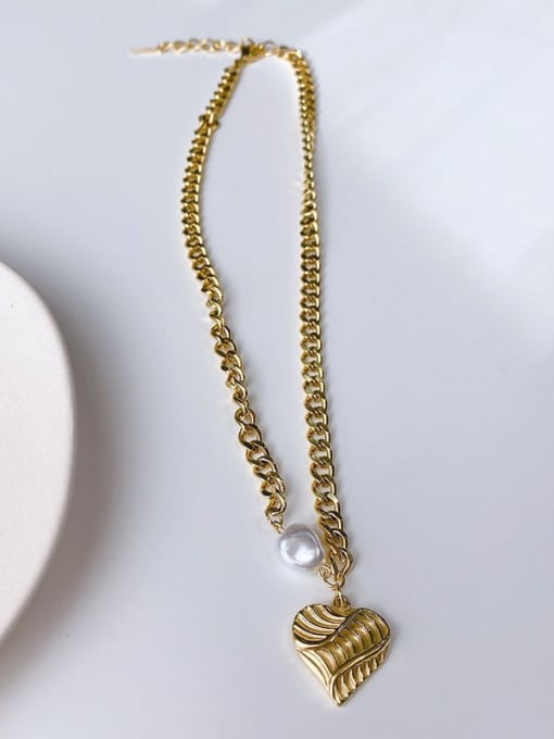 MEN PO Titanium Steel Imitation Pearl Heart Hip Hop Striped Love Pearl Gold Necklace 3