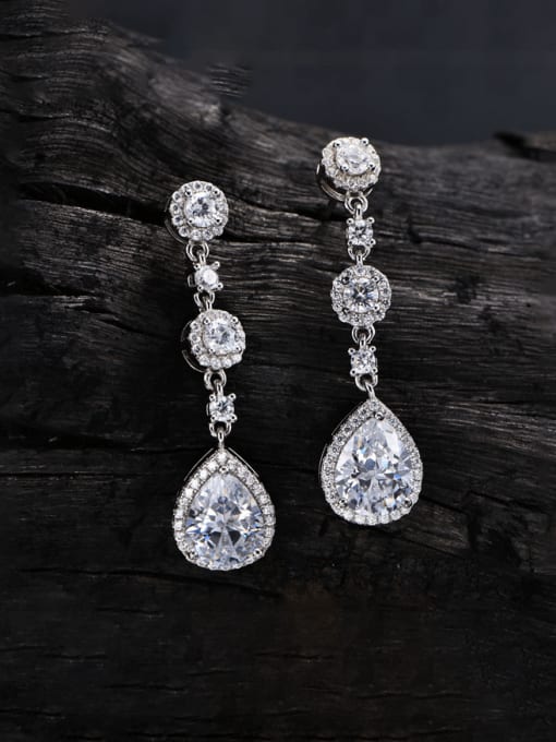 A&T Jewelry 925 Sterling Silver Cubic Zirconia Water Drop Luxury Cluster Earring 0