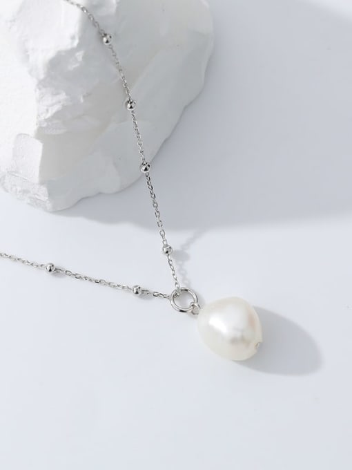 A2786 Platinum 925 Sterling Silver Freshwater Pearl Irregular Minimalist Necklace