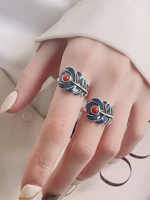 TAIS 925 Sterling Silver Enamel Feather Ethnic Band Ring 1