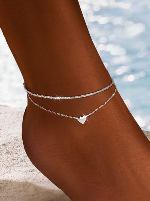YUANFAN 925 Sterling Silver  Minimalist Double Layer Chain Heart  Anklet 1