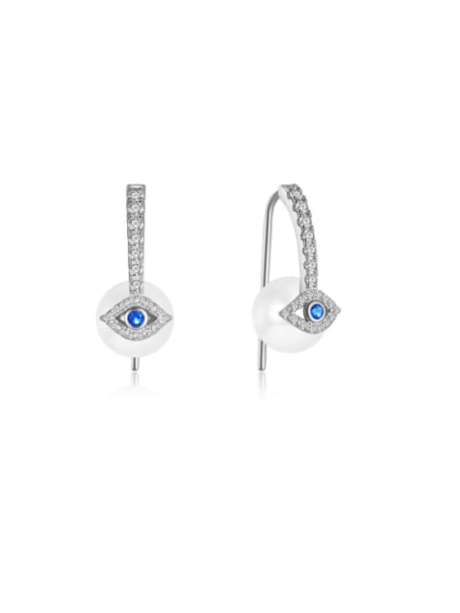 Platinum 925 Sterling Silver Freshwater Pearl Evil Eye Minimalist Hook Earring