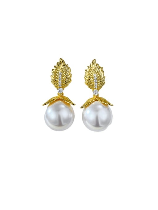 M&J 925 Sterling Silver Imitation Pearl  Vintage Drop Gold Leaf Pearl Earrings Earring