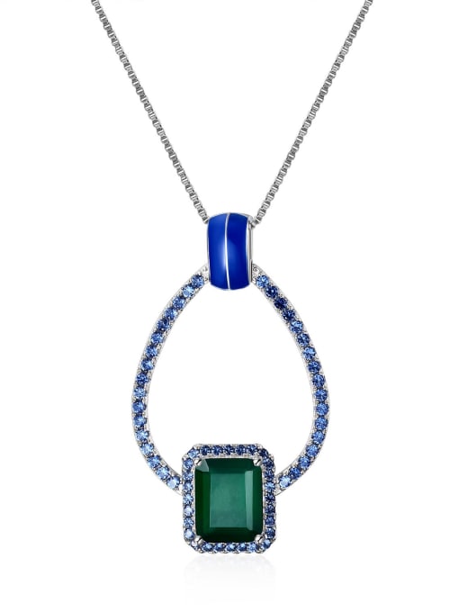 Green Agate Pendant + Chain 925 Sterling Silver Swiss Blue Topaz Geometric Minimalist Necklace