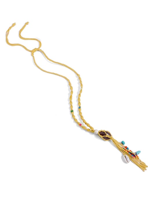 Yellow n70252 Bead Cotton Rope Stone Tassel Hand-Woven Artisan Lariat Necklace