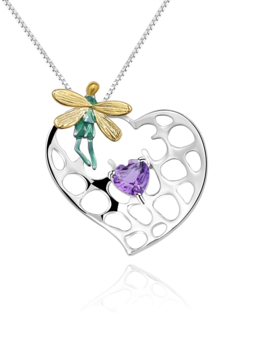 Natural Amethyst Pendant +chain 925 Sterling Silver Amethyst Dragonfly Heart Artisan Necklace