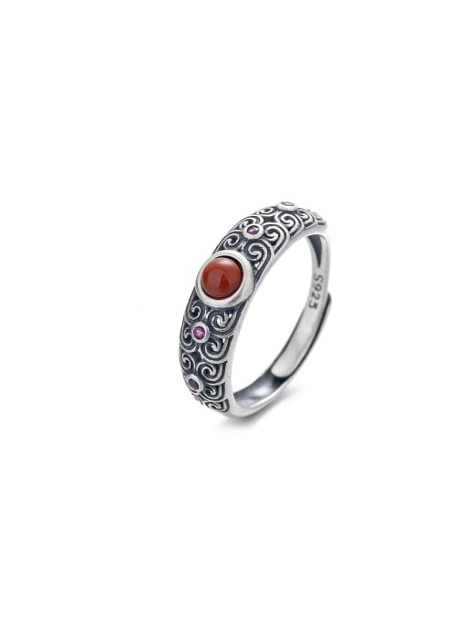 TAIS 925 Sterling Silver Natural Stone Geometric Vintage Band Ring