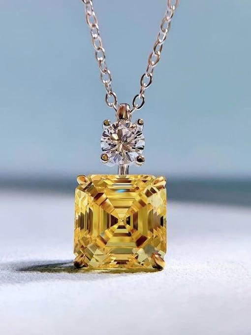 N086 Yellow 925 Sterling Silver High Carbon Diamond Square Luxury Necklace