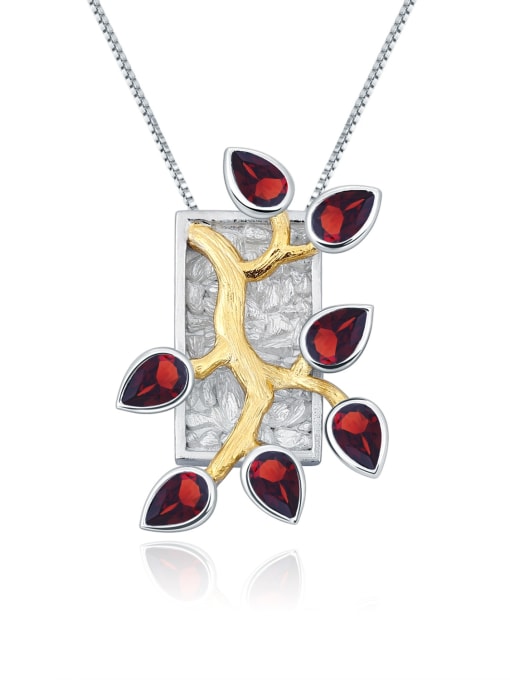 Natural Garnet Pendant +Chain 925 Sterling Silver Natural  Topaz Geometric Luxury Necklace