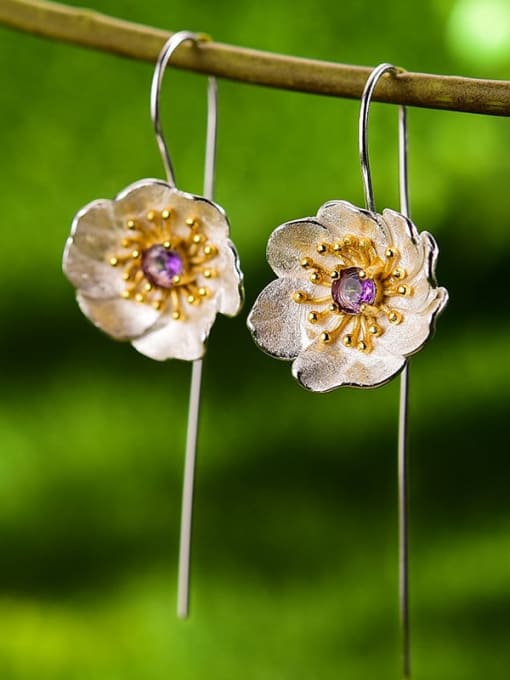 Silver flower gold core purple stone 925 Sterling Silver Natural red pomegranate luxury natural handmade Dainty Hook Earring
