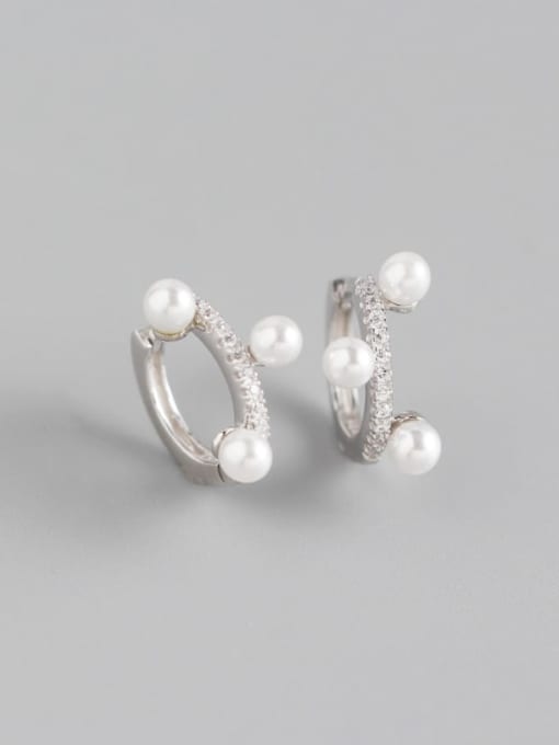 Platinum 925 Sterling Silver Imitation Pearl White Geometric Minimalist Huggie Earring