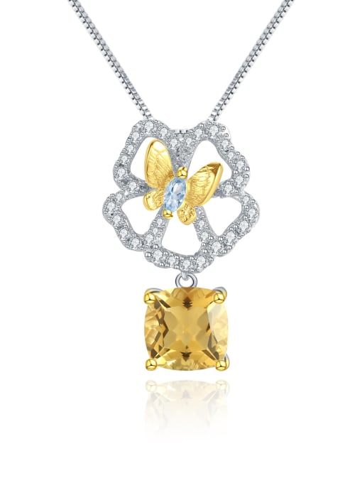 Natural yellow crystal pendant + Chain 925 Sterling Silver Swiss Blue Topaz Artisan Butterfly  Flower  Pendant Necklace