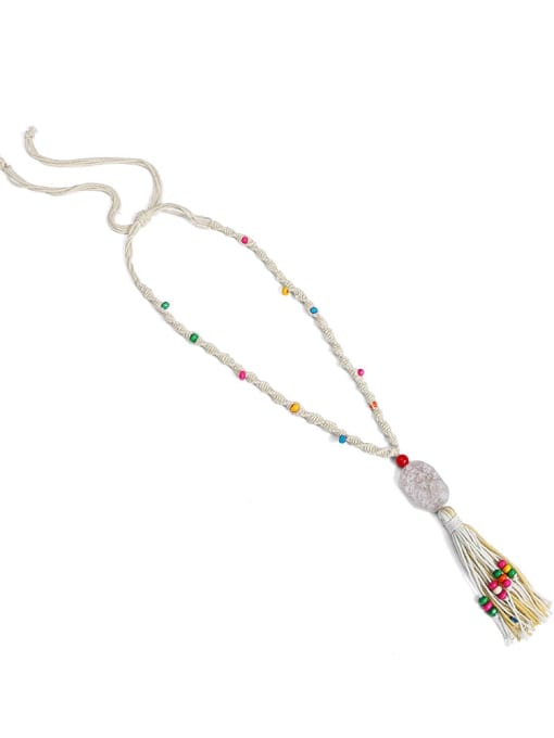 Beige n70253 Bead Natural stone Rope Cotton Tassel Bohemia Hand-Woven Long Strand Necklace