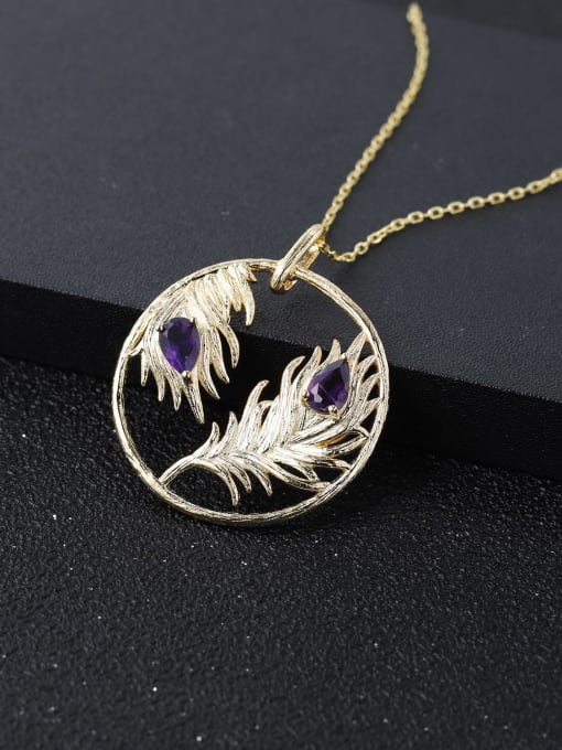 ZXI-SILVER JEWELRY 925 Sterling Silver Amethyst Feather Vintage Round Pendant Necklace 1