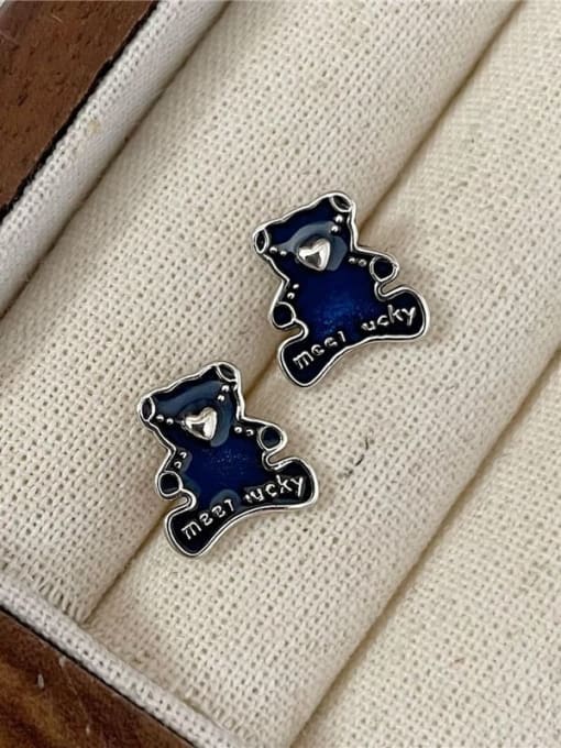blue 925 Sterling Silver Enamel Bear Cute Stud Earring