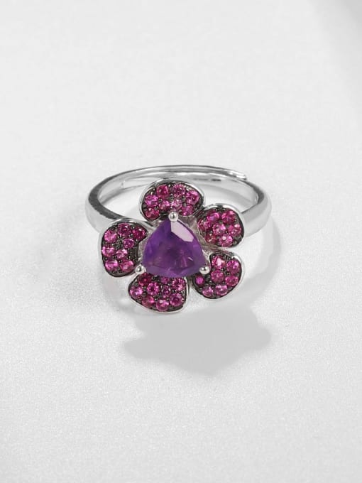 ZXI-SILVER JEWELRY 925 Sterling Silver Amethyst Flower Vintage Band Ring 1