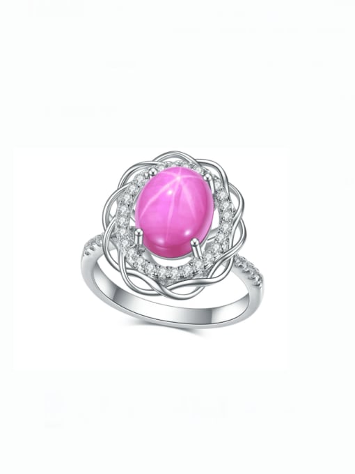 red 925 Sterling Silver Natural Stone Flower Luxury Band Ring
