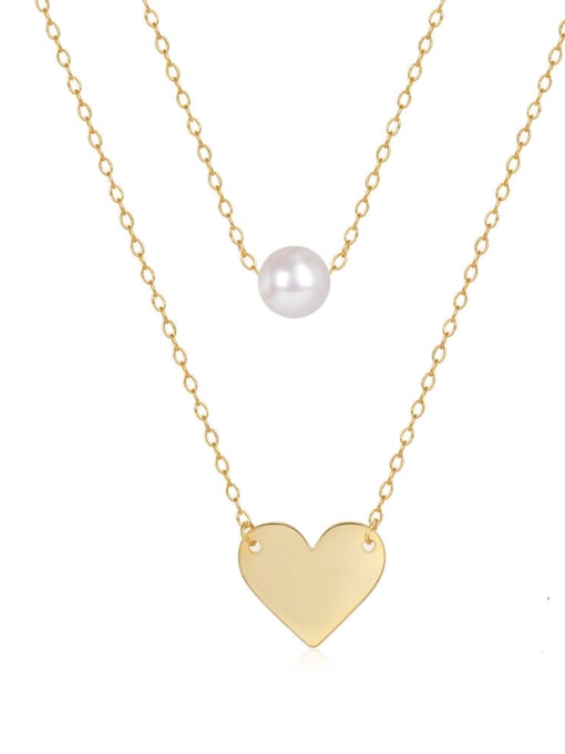 golden 925 Sterling Silver Imitation Pearl Heart Minimalist Multi Strand Necklace