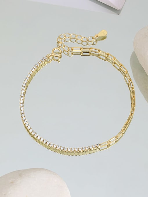 L180L Gold 925 Sterling Silver Cubic Zirconia Geometric Minimalist Asymmetrical Chain Bracelet