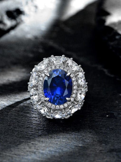 blue 925 Sterling Silver High Carbon Diamond Geometric Luxury Ring