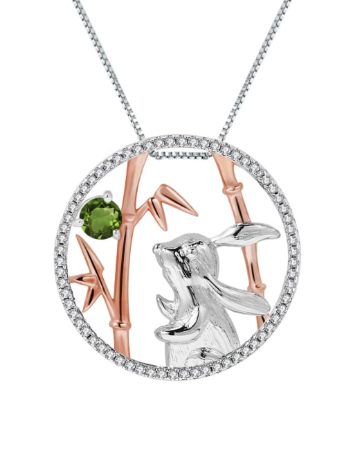 Natural diopside Pendant  + Chain 925 Sterling Silver Swiss Blue Topaz  Artisan Rabbit Pendant Necklace