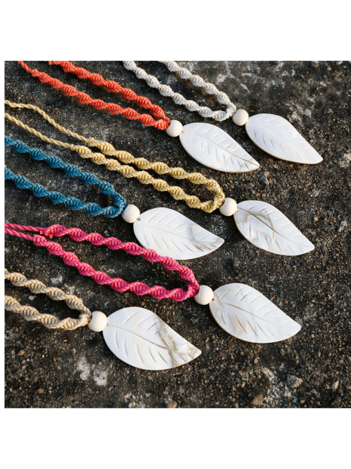 JMI Shell White Cotton Rope  Leaf  Hand-Woven   Long Strand Necklace 2