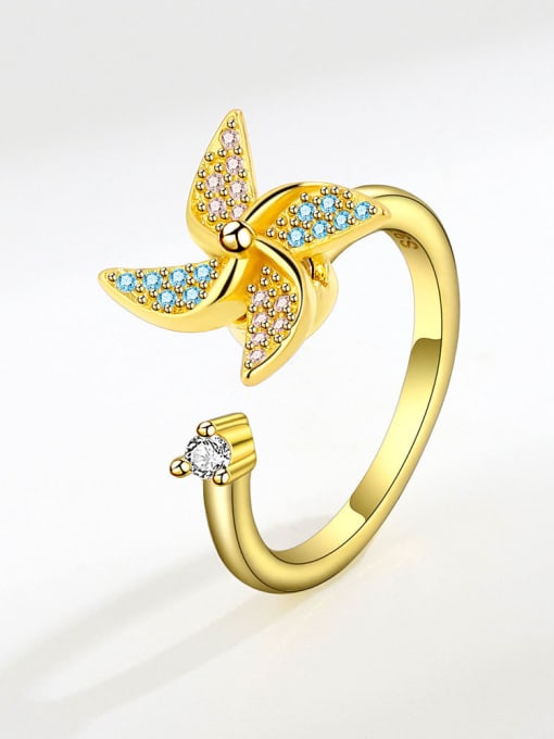 18K gold 925 Sterling Silver Cubic Zirconia Flower Cute Rotating Windmill Band Ring