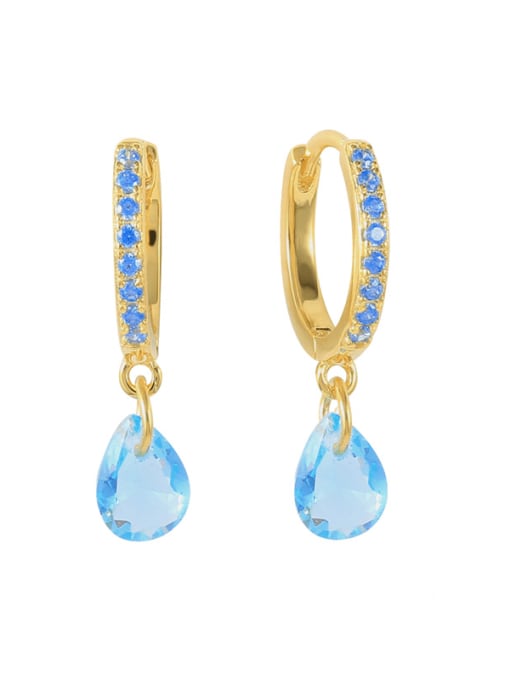 Golden +Sea Blue 925 Sterling Silver Rhinestone Water Drop Dainty Huggie Earring