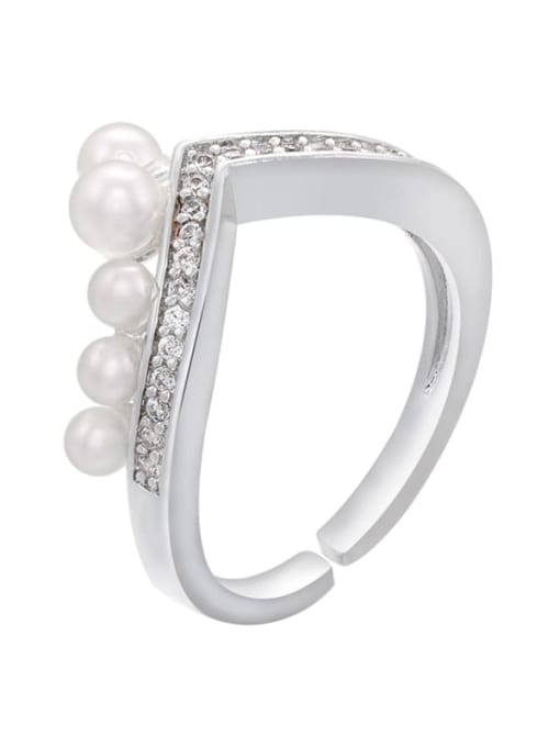 White Gold Brass Imitation Pearl Crown Trend Band Ring