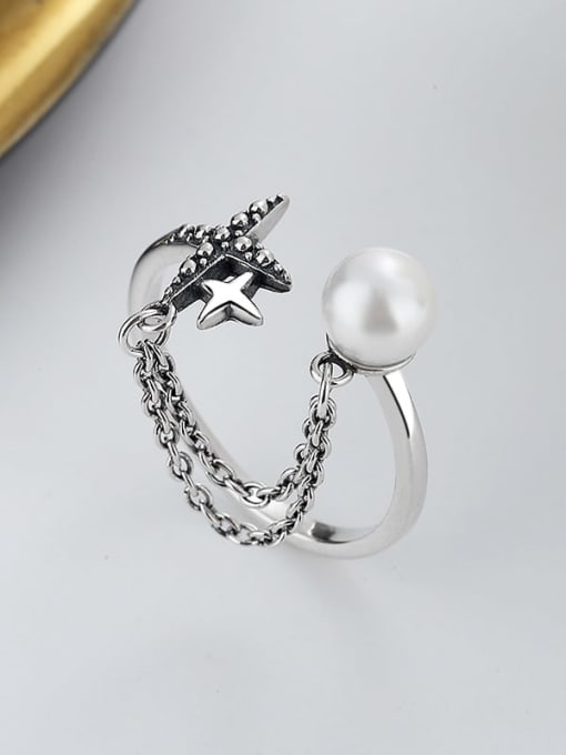 TAIS 925 Sterling Silver Imitation Pearl Cross Vintage Stackable Ring 2