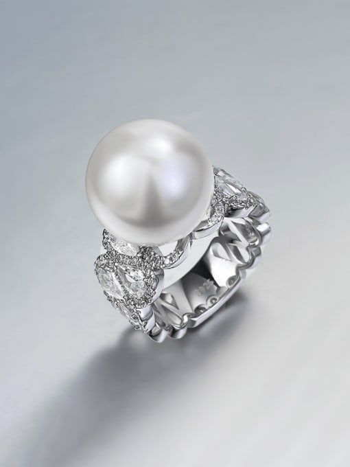M&J 925 Sterling Silver Cubic Zirconia Crown Luxury Pearl  Band Ring