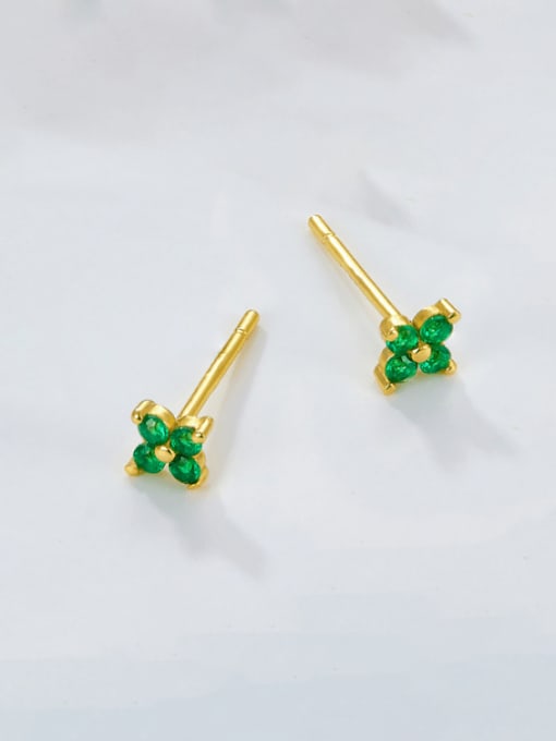 Golden +Green Brass Cubic Zirconia Flower Dainty Stud Earring