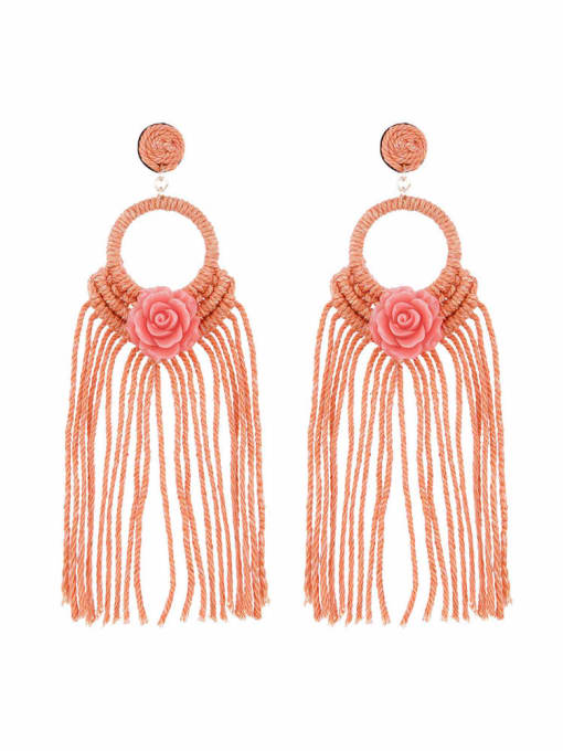 Pink e68739 Alloy Cotton Tassel  FLower bohemian  hand-woven  drop earrings