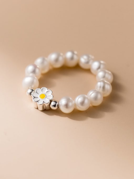 FAN 925 Sterling Silver Imitation Pearl Flower Minimalist Bead Ring 3