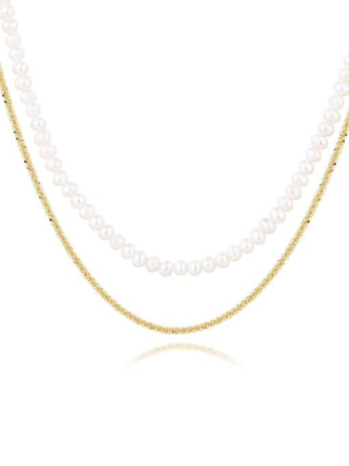 A2243 Gold 925 Sterling Silver Imitation Pearl Geometric Minimalist Multi Strand Necklace