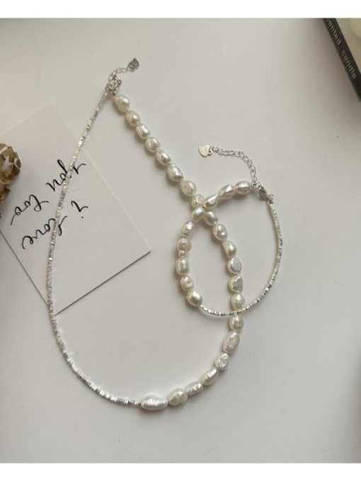 Bracelet 925 Sterling Silver Freshwater Pearl Dainty Geometric  Bracelet and Necklace Set
