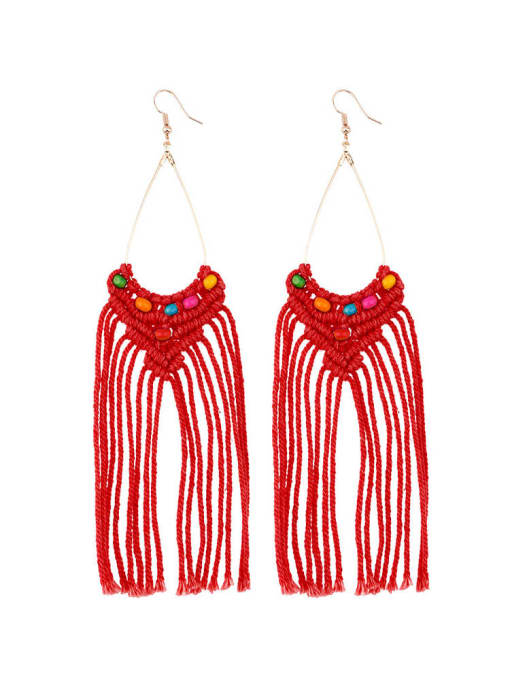 Red e68738 Alloy Bead Cotton Tassel Artisan Hand-woven  Drop Earring