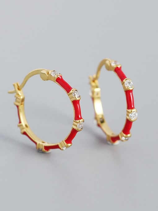 Golden color (red glue dropping) 925 Sterling Silver Rhinestone Enamel Geometric Minimalist Hoop Earring