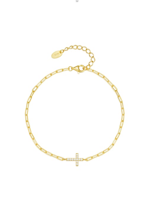 golden 925 Sterling Silver Cubic Zirconia Cross Minimalist Hollow Chain Bracelet