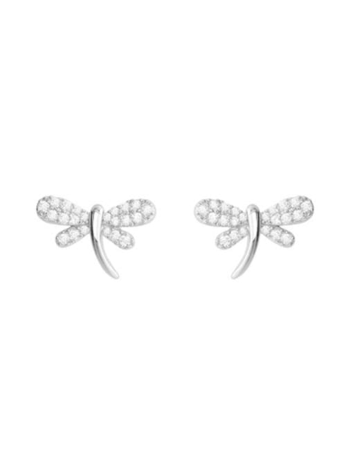 Platinum 925 Sterling Silver Cubic Zirconia Dragonfly Minimalist Stud Earring